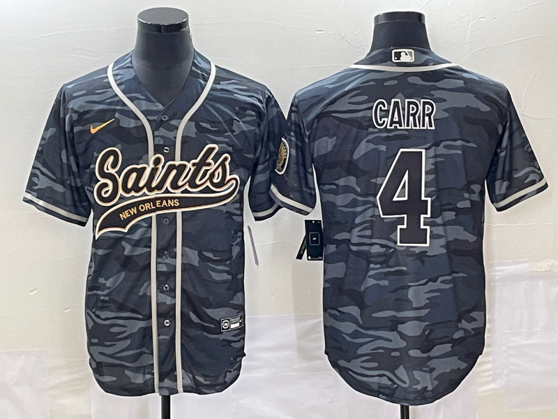 Men's New Orleans Saints #4 Derek Carr Gray Camo With Patch Cool Base Stitched Baseball Jersey